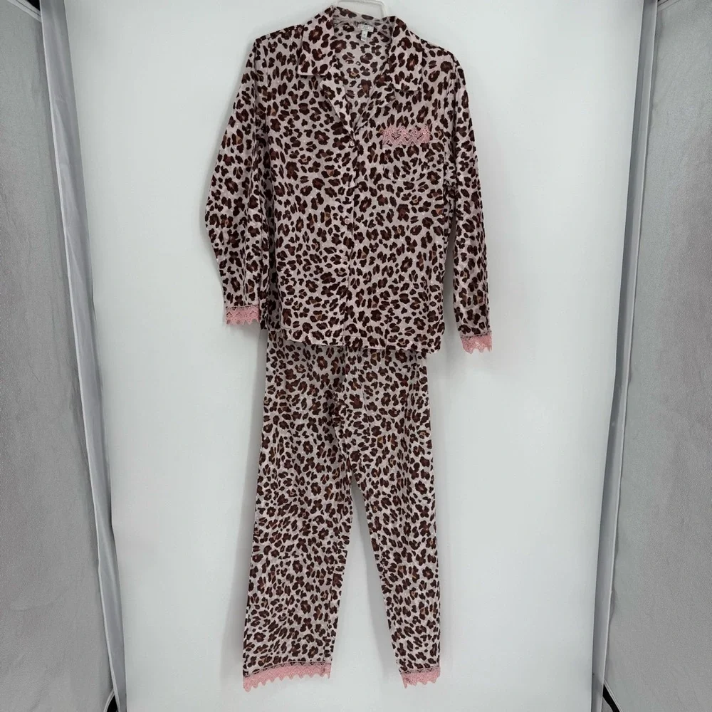 TART INTIMATES Leopard Print Pajama Set Size M women Pants Top Brown Pink Lace